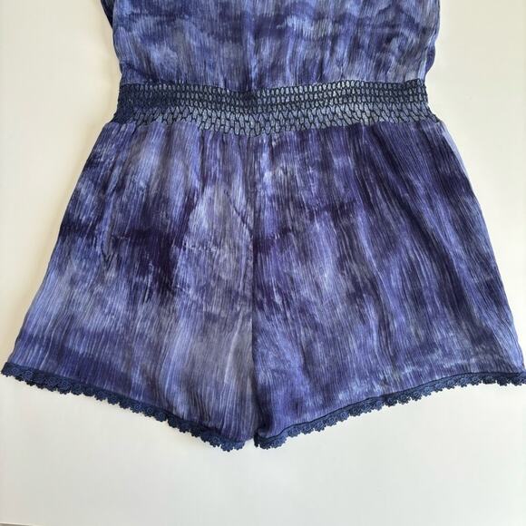 Crescent Blue Tie Dye Boho Style Sleeveless Surplice Neckline Romper Medium - Picture 10 of 11